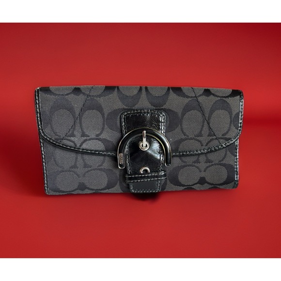 Coach Vintage Signature C Tri Fold Wallet Large Soho Buckle Black & Silver - Picture 1 of 7